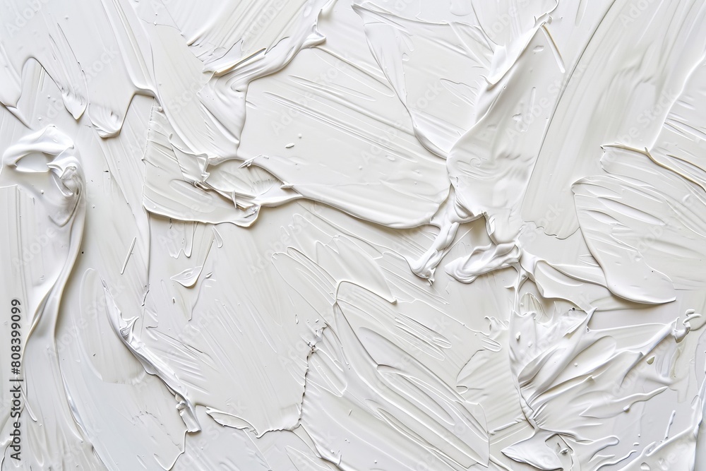 Poster abstract closeup of a white acrylic paint texture with dynamic streaks and brush strokes, creating a