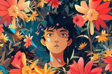 cool animestyle boy with vibrant flower background trendy vector illustration digital art