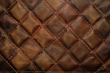 Close-up of textured brown leather upholstery with diamond stitching. Perfect for backgrounds, demonstrating high-quality craftsmanship, furniture design, and luxurious interior decor concepts