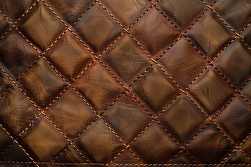 Obraz premium Close-up of textured brown leather upholstery with diamond stitching. Perfect for backgrounds, demonstrating high-quality craftsmanship, furniture design, and luxurious interior decor concepts