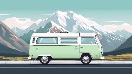 Old retro green camper van parked with a mountain range in the background, in a vintage illustration style.