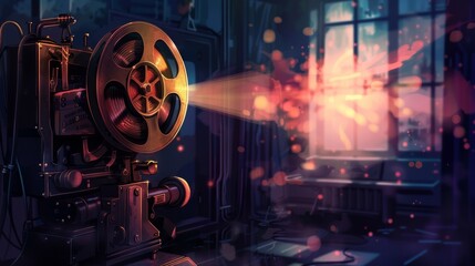 Vintage film projector with a classic movie reel