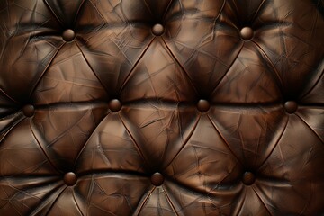 Detailed close-up of a sophisticated brown leather upholstery with elegant buttoned tufting, ideal for backgrounds or illustrating high-end interior design and craftsmanship