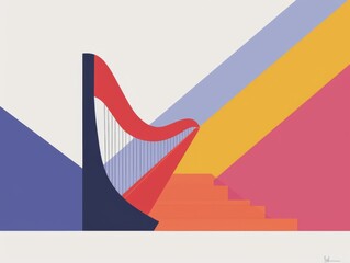 Vector illustration of a stylized harp with geometric shapes and lines creating a colorful abstract background.