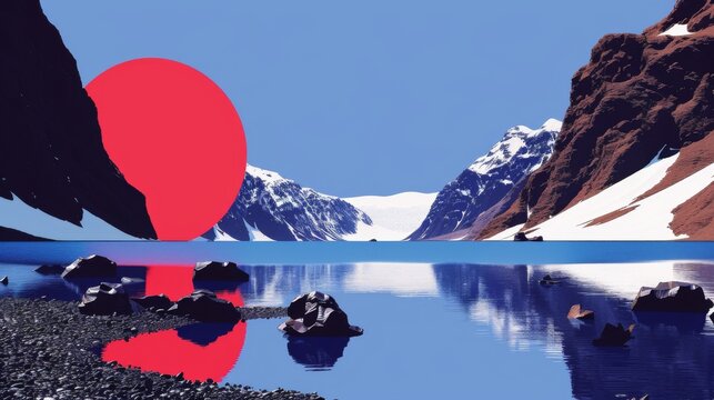 Stylized illustration of a snowy arctic landscape with red sun, reflecting in water amidst mountains.