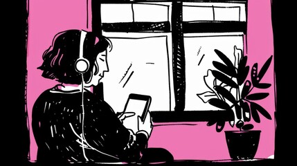 Artistic illustration in black and pink of a middle-aged woman with short hair, wearing headphones and looking at a tablet.