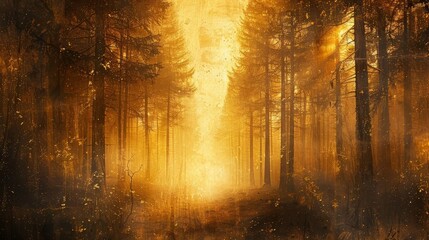 Capture the mystical essence of a sunlit foggy forest using mixed media Combine traditional elements like acrylic for textured trees with digital enhancements for glowing sunlight