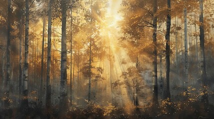 Capture the mystical essence of a sunlit foggy forest using mixed media Combine traditional elements like acrylic for textured trees with digital enhancements for glowing sunlight