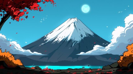 Illustration of Mount Fuji with snow on the summit under a clear blue sky with the full moon visible.