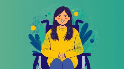 Illustration of a happy mother in a wheelchair with her baby girl sitting on her lap, both smiling in a stylized setting.