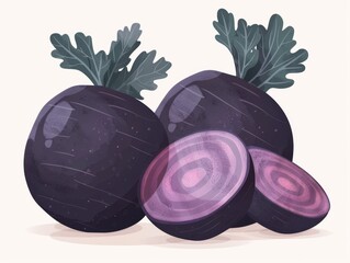 Vector illustration of two purple rutabagas with one cut in half, showcasing a two-tone flat color style.