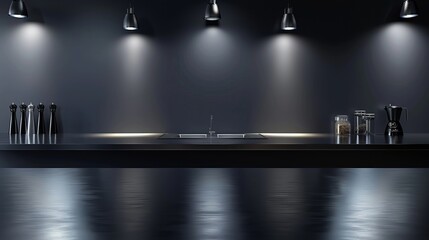 Realistic vector of a black steel countertop, depicted as an empty kitchen bar surface with spotlighting