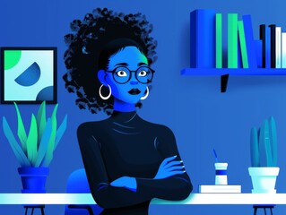 Vector illustration of a stylized female secretary with glasses sitting at a desk with plants and books against a blue background.