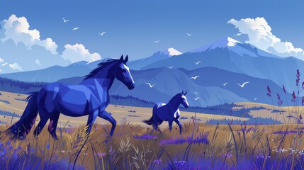 A vector illustration of a mare and her young colt galloping in a vibrant field with mountains and birds in the background. - obrazy, fototapety, plakaty