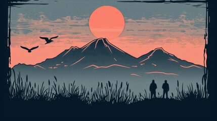 Illustration of mountaineers as silhouettes against a backdrop of a scenic sunset over mountains.