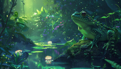 A digital illustration of a large, detailed frog sitting by a mystical, glowing pond surrounded by lush, vibrant foliage in a serene, enchanting forest.