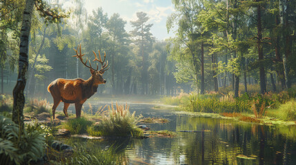 A majestic stag stands by a serene forest lake with sunlight filtering through the trees, creating a peaceful and idyllic woodland scene.