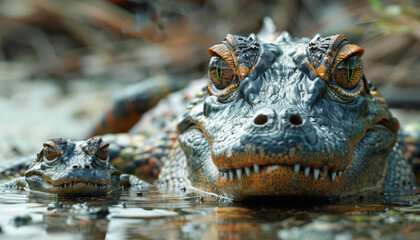 Fototapeta premium A close-up image of two crocodiles in the water, one in the foreground focused with clear details and another slightly blurred in the background.