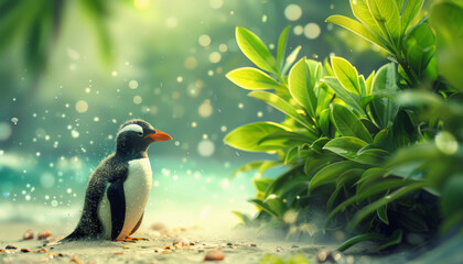 Naklejka premium A penguin stands contemplatively beside green foliage under a dreamy, light-filled atmosphere with floating particles, evoking a serene and whimsical natural scene.