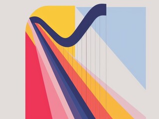 Abstract illustration of a harp with flowing lines and a two-tone flat design, blending geometric and organic shapes.