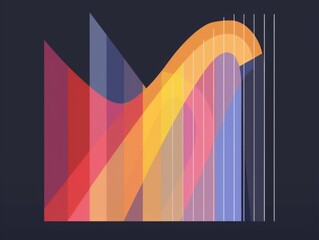 Abstract vector illustration of a harp with colorful lines and two-tone flat design on a dark background.