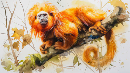 Vibrant watercolor painting of a golden lion tamarin on a branch, featuring intense orange hues and expressive brushwork.