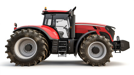 Modern red and black tractor with large, rugged tires, equipped with advanced machinery, displayed on a white background.