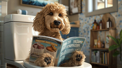 A dog is sitting on a toilet and reading a book