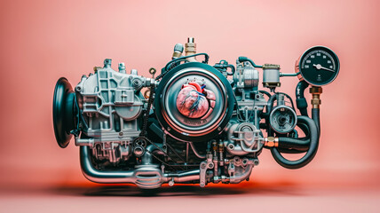 anatomical heart engine, pressure gauge, timing belts, exhaust pipes, turbo, spark plugs