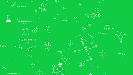 green screen chemistry formulas and icons, chemical structural formulas ,science education concept 4k animation	