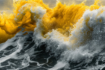 A vivid and powerful portrayal of bright yellow and deep gray waves crashing together, their bold interaction creating a dramatic and impactful visual.