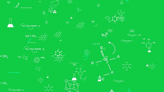 green screen chemistry formulas and icons, chemical structural formulas ,science education concept 4k animation	