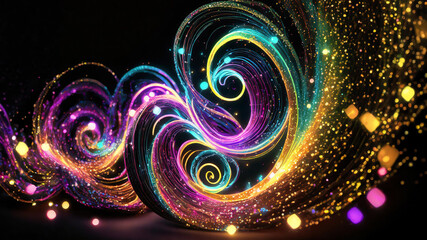 glowing neon rainbow spirals and twirls with sparkles and bokeh