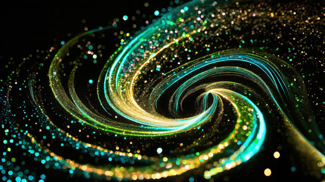glowing green, gold and blue neon glitter swirls against black background