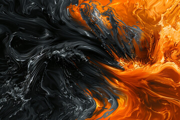 An abstract portrayal of jet black and fiery orange waves colliding at high speed, their interaction creating a stark contrast that is both bold and intense.