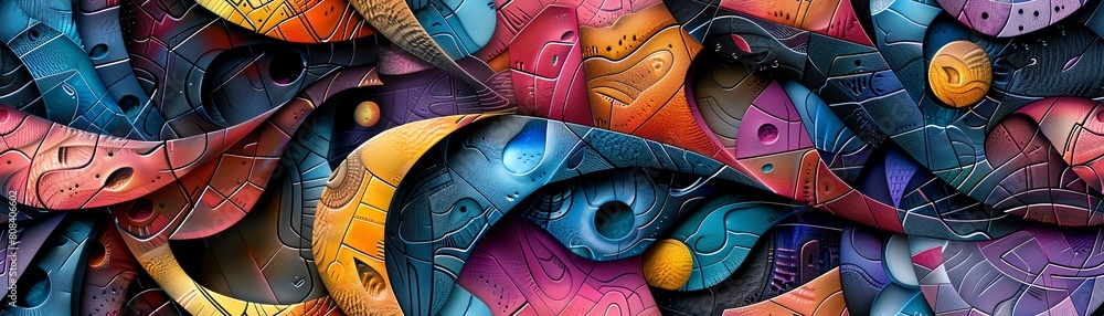 Poster immerse viewers in a vibrant world of mythical creatures through a dynamic cubist landscape showcase