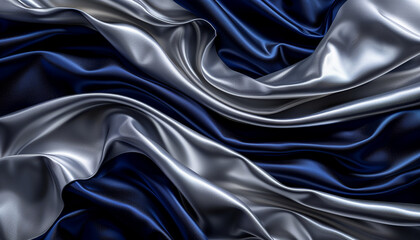 An elegant portrayal of shimmering silver and deep indigo waves merging, suggesting the luxurious feel of satin fabric under moonlight.