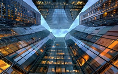 From under the entrance of an office building next to a contemporary high-rise building with glass mirror walls and glowing lights in calgary city. very beautiful city view