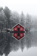 Fototapeta premium Red house by reflective lake in monochrome