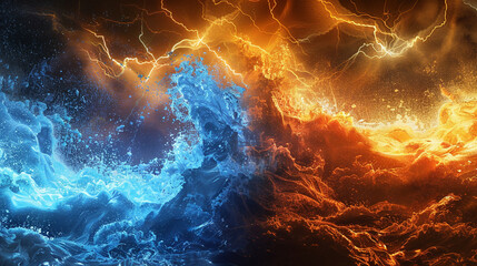 An energetic fusion of electric blue and vibrant orange waves crashing into each other, mimicking the explosive energy of a thunderclap.