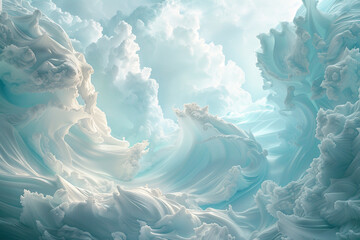 An ethereal blend of pearl white and sky blue waves, softly meeting in a serene and cloud-like formation, evoking a calm and dreamy sky.