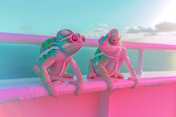 Two neon  pastel chameleons with sunglasses  on the terrace of the cruise ship