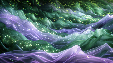 An ethereal display of soft lilac and electric green waves, merging in a magical dance that evokes an enchanted forest illuminated by fairy lights.