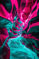 An intense and vibrant clash of neon pink and deep teal waves, colliding in a spectacular display that captures the thrill of an urban nightlife scene.