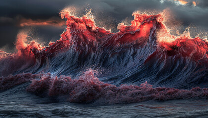 An intense and vibrant collision of red and navy waves, creating a dramatic spectacle that evokes the power and beauty of an ocean tempest.