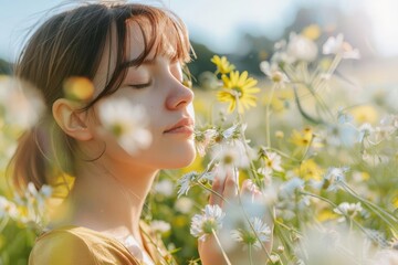 Woman sneezing in a flowery field, concept of pollen allergy, health photography
