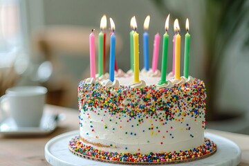 festive birthday cake with colorful candles and sprinkles celebration food photography