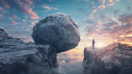 Image of a man solving a difficult situation by using a huge boulder to bridge a gap, symbolizing problem-solving and overcoming challenges