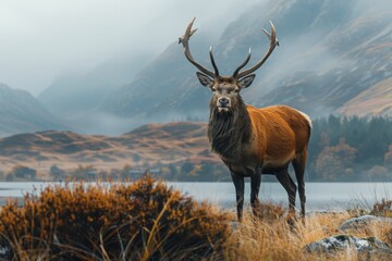 A majestic stag stands alert in a misty, autumnal mountain landscape, with a serene lake and orange foliage in the background.