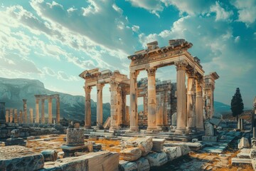 The majestic ruins of an ancient temple stand under a dramatic cloudy sky, surrounded by rugged mountains and scattered stone debris.